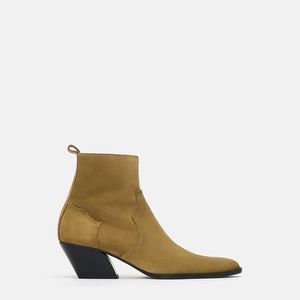 Zara Suede Leather Cuban Cowboy Heel Ankle Boot